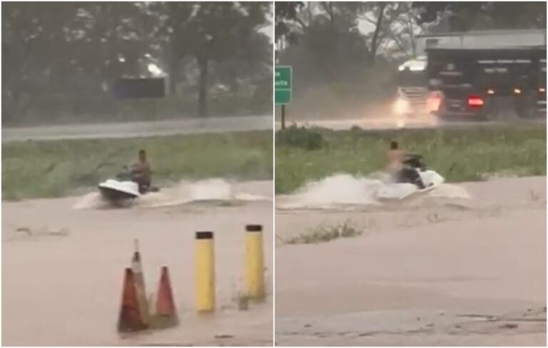 Morador faz manobras com moto aquática em rua alagada de Campinorte; vídeo
